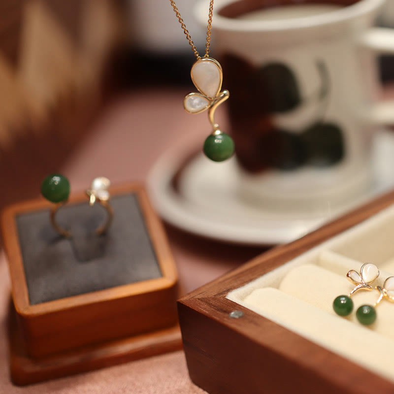 EverestArtstudios Natural Butterfly Tridacna Stone Cyan Jade Copper Plated Gold Calm Necklace Pendant Ring Earrings Set