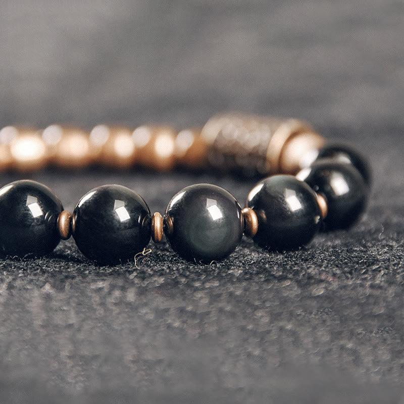 Buddha Stones Lava Rock Stone Rainbow Obsidian Brass Support Healing Bracelet