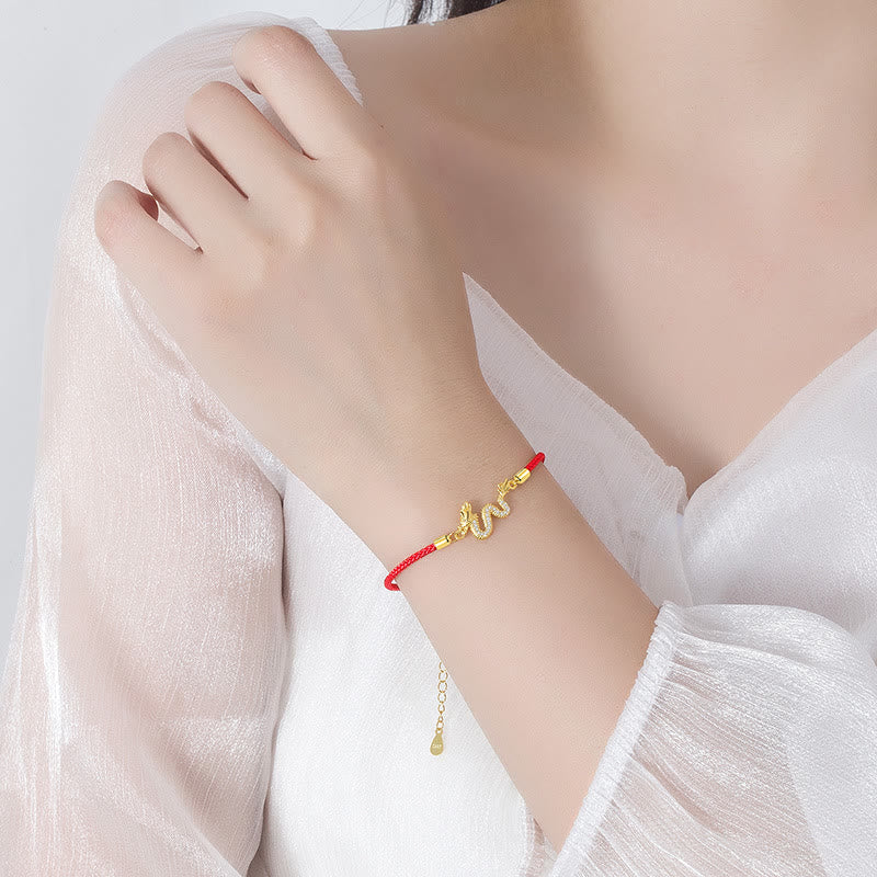 EverestArtstudios 925 Sterling Silver Year Of The Dragon Auspicious Golden Dragon Luck Red Rope Chain Bracelet