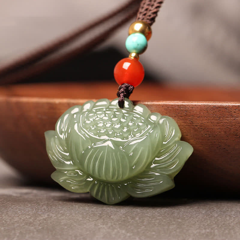 EverestArtstudios Hetian Cyan Jade Lotus Flower Success Necklace Pendant