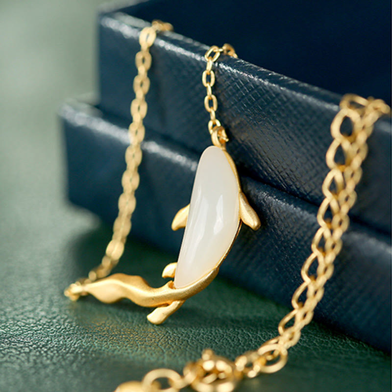 EverestArtstudios 925 Sterling Silver White Jade Dolphin Luck Necklace Pendant