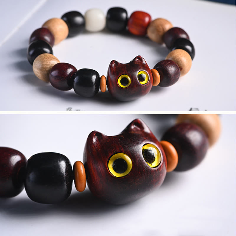 EverestArtStudios Small Leaf Red Sandalwood Ebony Wood Cute Cat Engraved Protection Bracelet