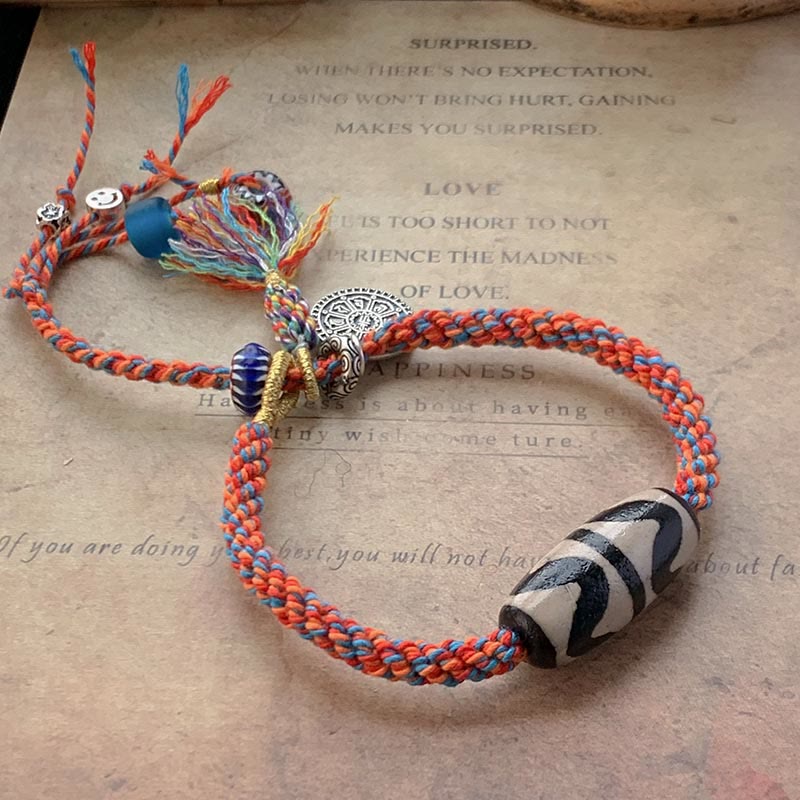 Buddha Stones Tibetan 925 Sterling Silver Om Mani Padme Hum Handmade Dzi Bead Protection Braid Bracelet