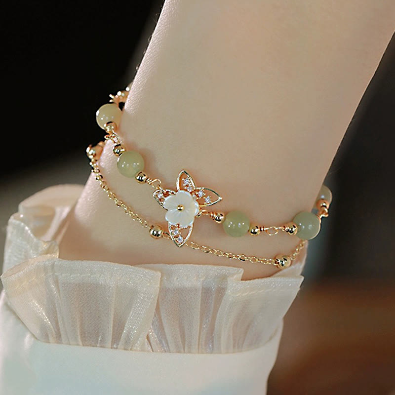 EverestArtStudios 14K Gold Plated Jade Butterfly Tridacna Stone Flower Double Layer Luck Bracelet