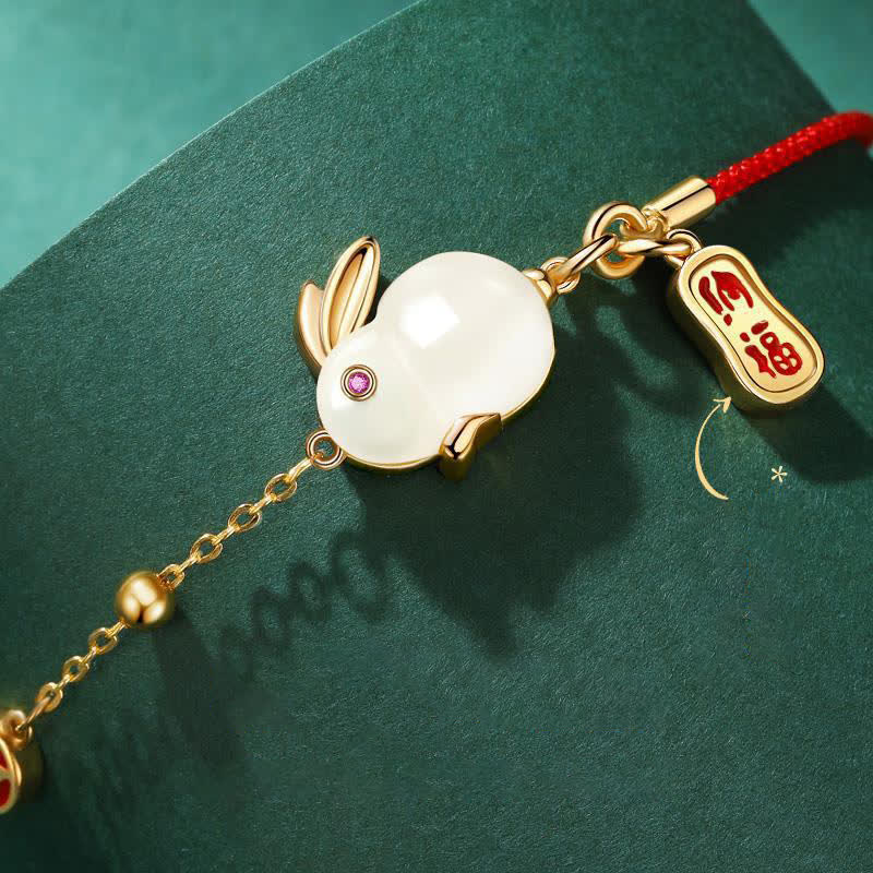 EverestArtstudios Year of the Rabbit White Jade Happiness Red String Chain Bracelet