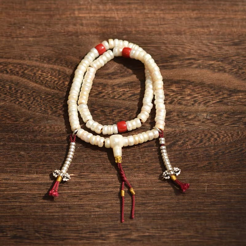 108 Freshwater Pearl Mala Bracelet – Tibetan Style Pearl Prayer Beads – Double Wrap Meditation Bracelet – Spiritual Jewelry for Women – Handheld Rosary