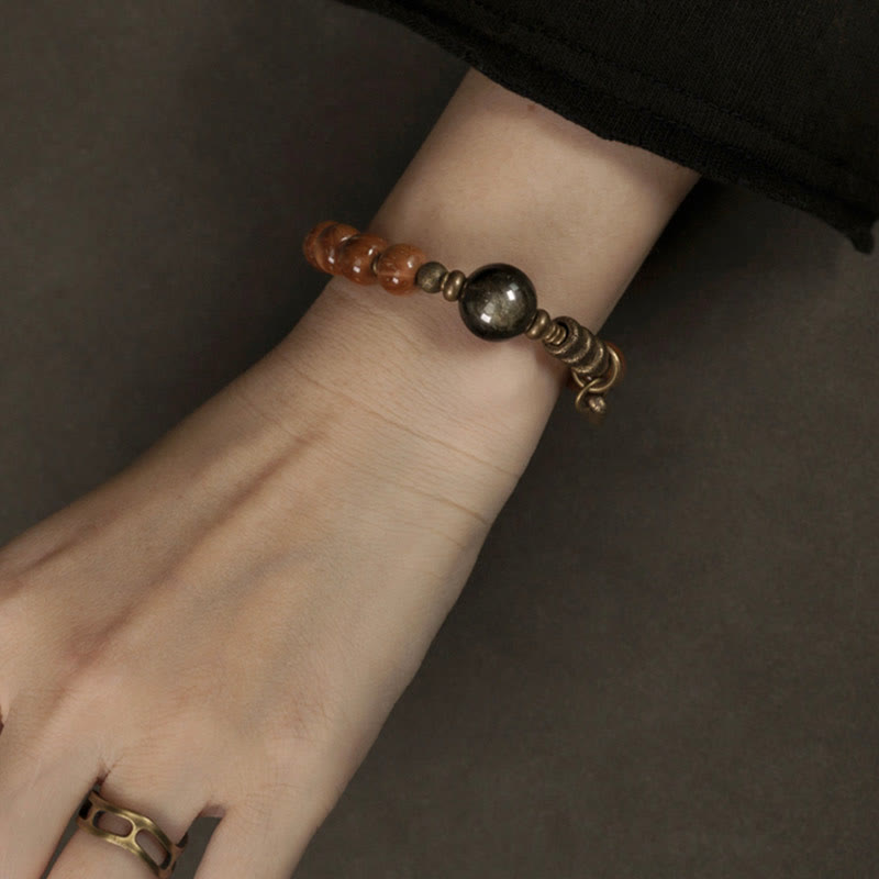 Buddha Stones Kuka Seed Tiger Eye Gold Sheen Obsidian Brass Copper Wealth Luck Bracelet