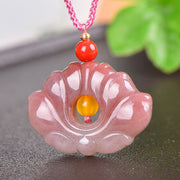 EverestArtstudiosPink Golden Silk Jade Lotus Flower Wealth Necklace Pendant