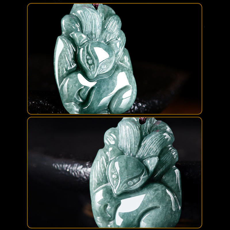 EverestArtstudios Natural Green Jade Nine Tailed Fox Engraved Prosperity Necklace Pendant