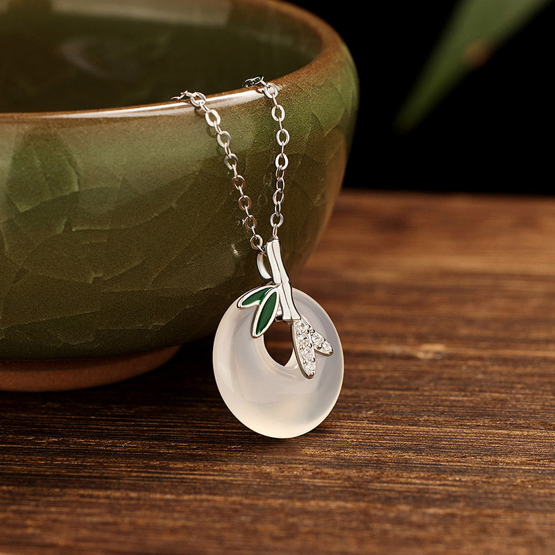 EverestArtstudios 925 Sterling Silver Natural Chalcedony Bamboo Leaf Peace Buckle Positive Necklace Pendant