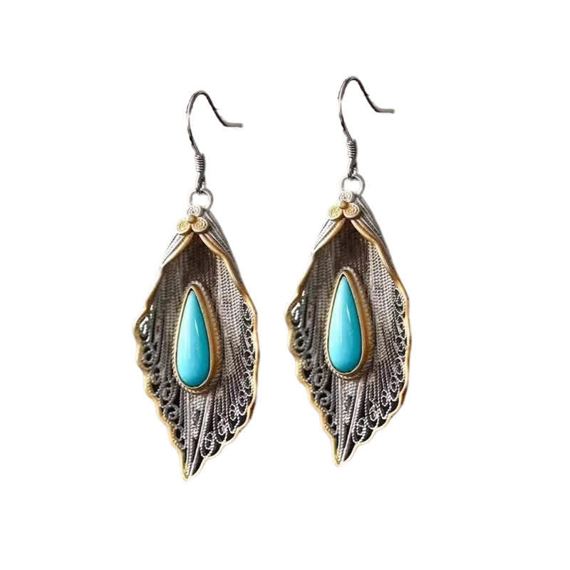 EverestArtStudios 925 Sterling Silver Turquoise Bodhi Leaf Pattern Protection Drop Dangle Earrings