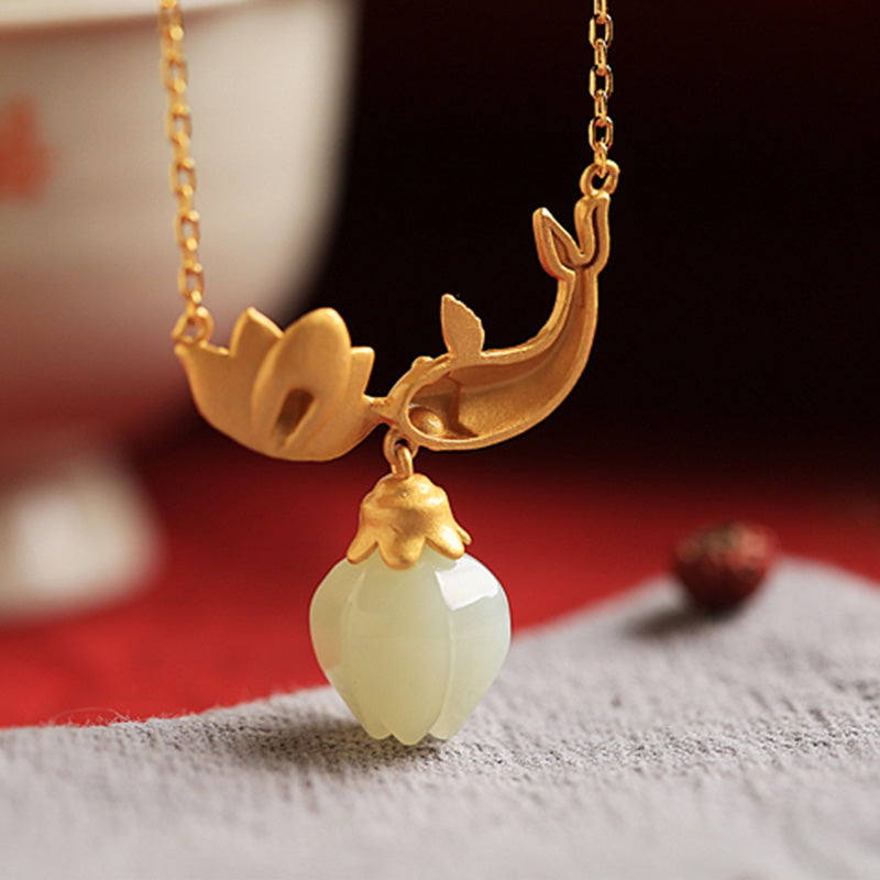 Buddha Stones White Jade Koi Fish Lotus Copper Protection Necklace Pendant