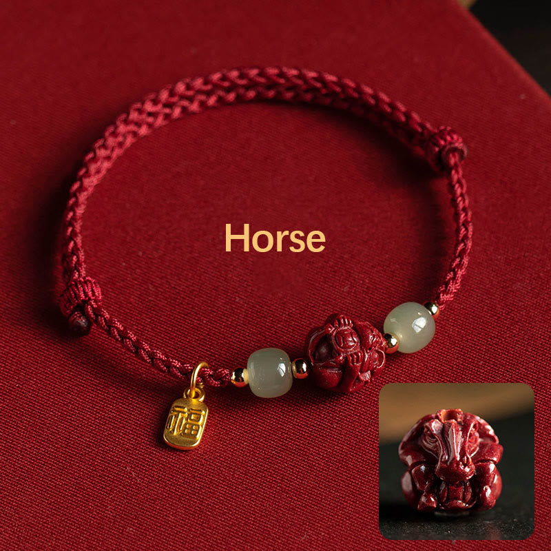 EverestArtstudios Natural Cinnabar Chinese Zodiac Hetian Jade Fu Character Luck Rope Bracelet