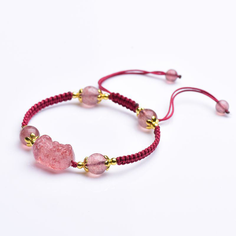 EverestArtstudios Natural Strawberry Crystal Pixiu Charm Lucky Red String Bracelet