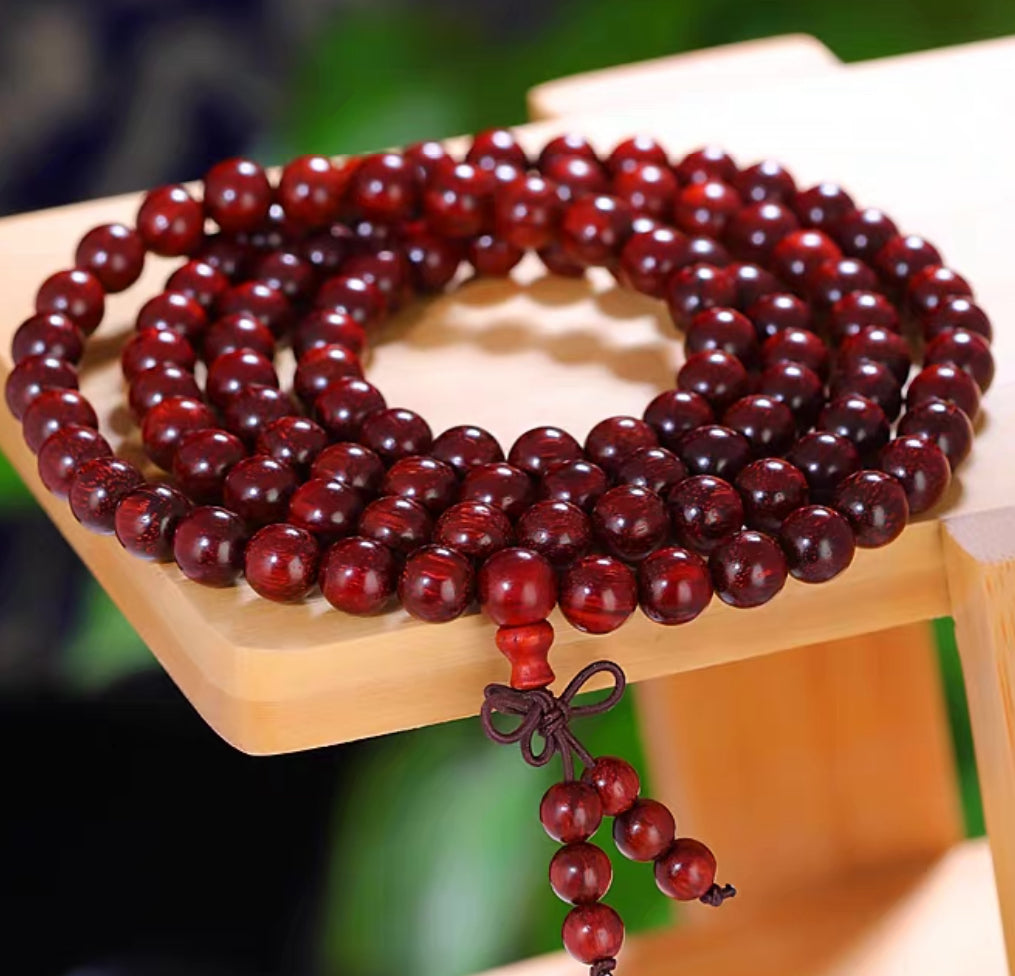 Tibetan Small-Leaf Red Sandalwood 108-Bead Mala Bracelet – Elastic with Auspicious Knot, Bead Size 8 mm = 0.31 inches