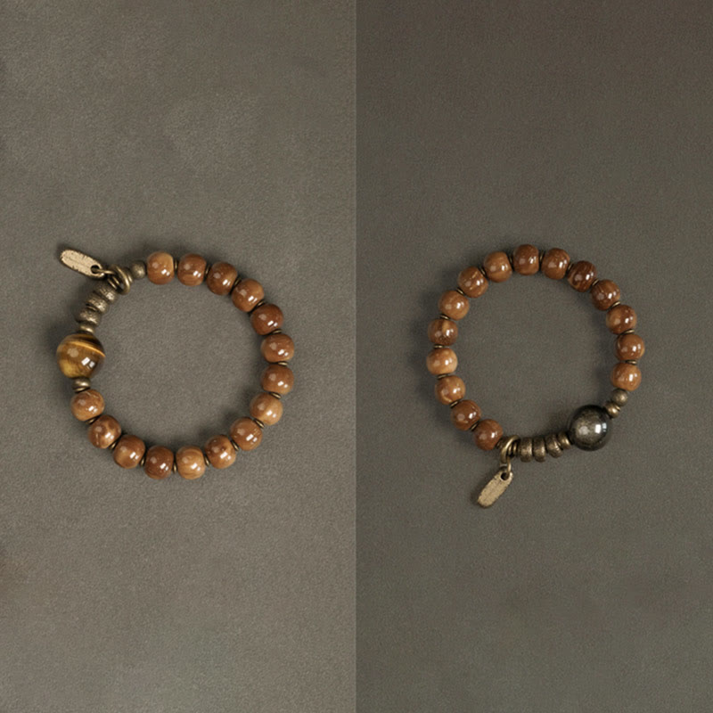 Buddha Stones Kuka Seed Tiger Eye Gold Sheen Obsidian Brass Copper Wealth Luck Bracelet