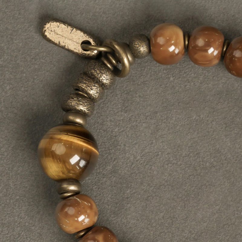 Buddha Stones Kuka Seed Tiger Eye Gold Sheen Obsidian Brass Copper Wealth Luck Bracelet
