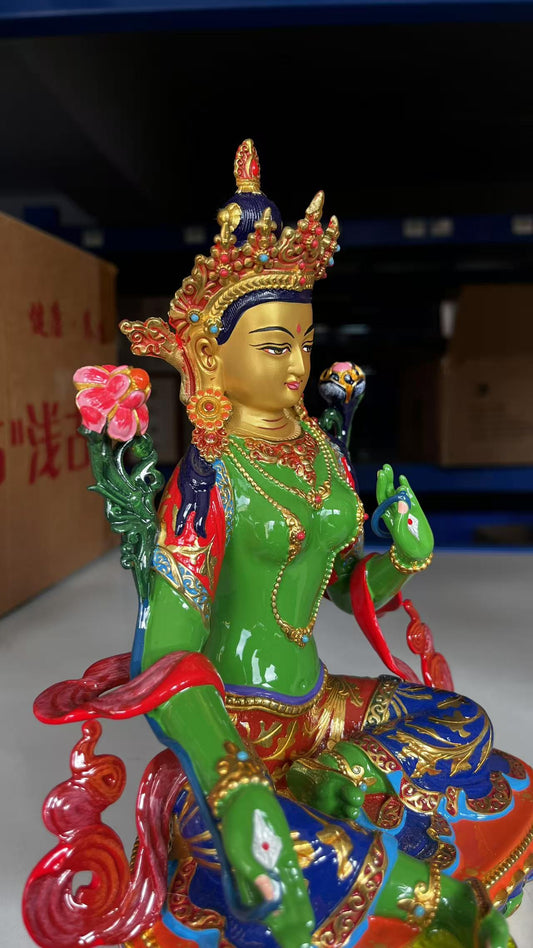 Green Tara Brass Statue – Hand-Painted Tibetan Buddhist Deity, 16cm / 21cm / 33cm (6.3” / 8.3” / 13”) Height