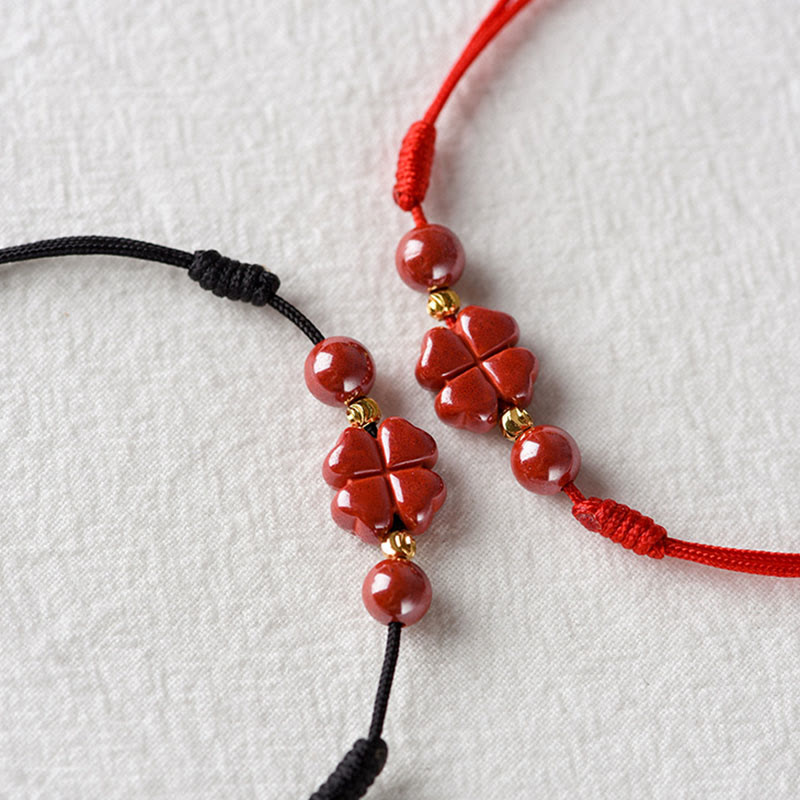 EverestArtstudios Four Leaf Clover Cinnabar Blessing Calm String Bracelet Anklet