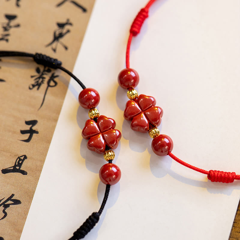 EverestArtstudios Four Leaf Clover Cinnabar Blessing Calm String Bracelet Anklet
