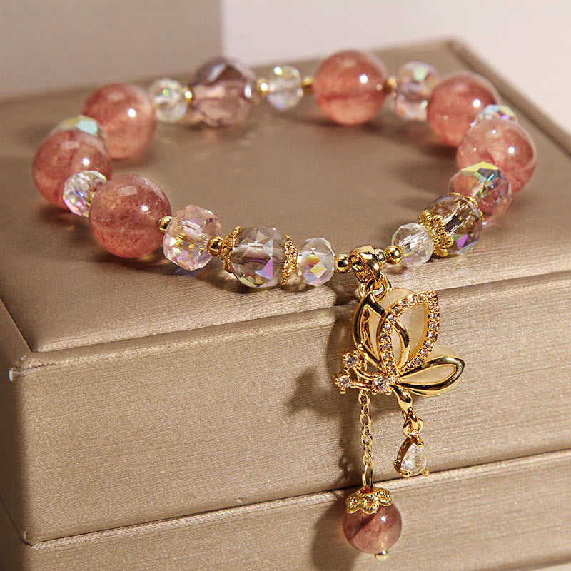 EverestArtStudios Natural Strawberry Quartz Healing Positive Butterfly Charm Bracelet