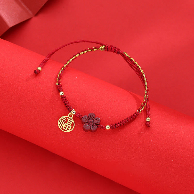 EverestArtstudios Cinnabar Flower Fu Character Blessing Braided String Bracelet