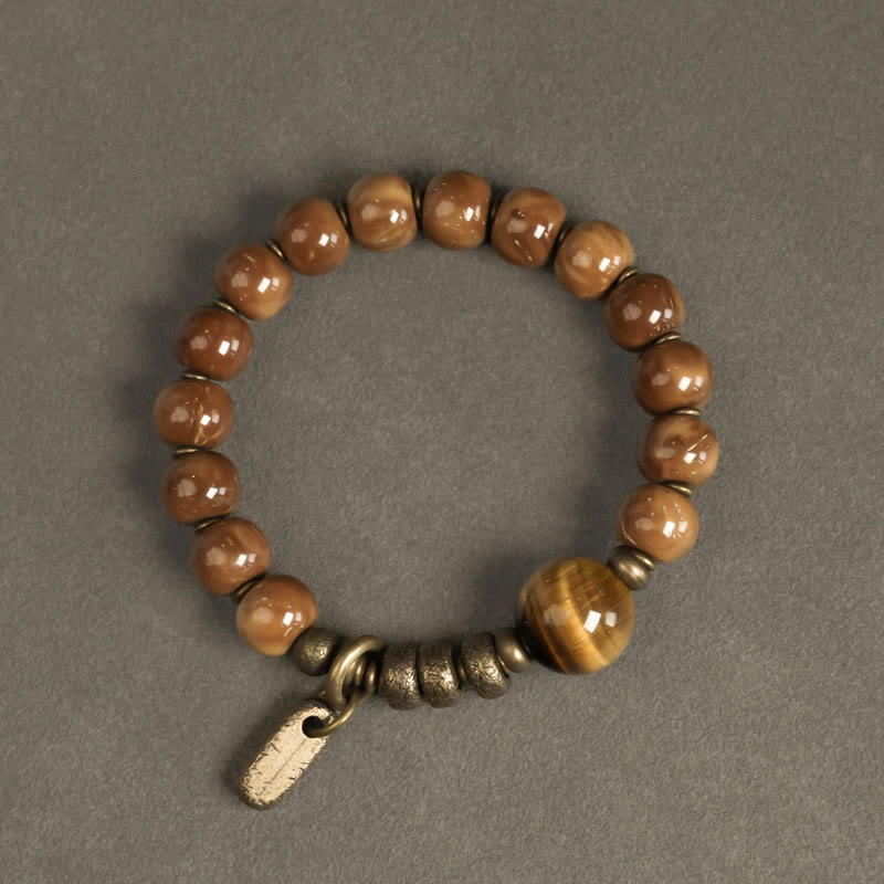 Buddha Stones Kuka Seed Tiger Eye Gold Sheen Obsidian Brass Copper Wealth Luck Bracelet