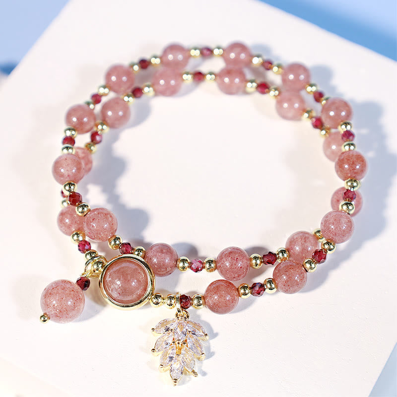EverestArtstudios Natural Strawberry Quartz Love Healing Maple Leaf Charm Double Wrap Bracelet