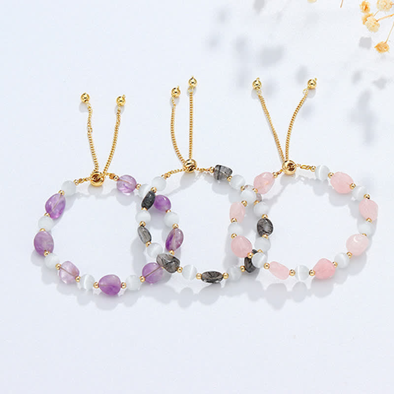 EverestArtstudios Amethyst Pink Crystal Black Rutilated Quartz Spiritual Awareness Bracelet