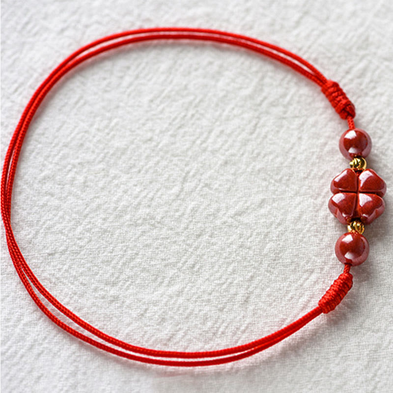 EverestArtstudios Four Leaf Clover Cinnabar Blessing Calm String Bracelet Anklet