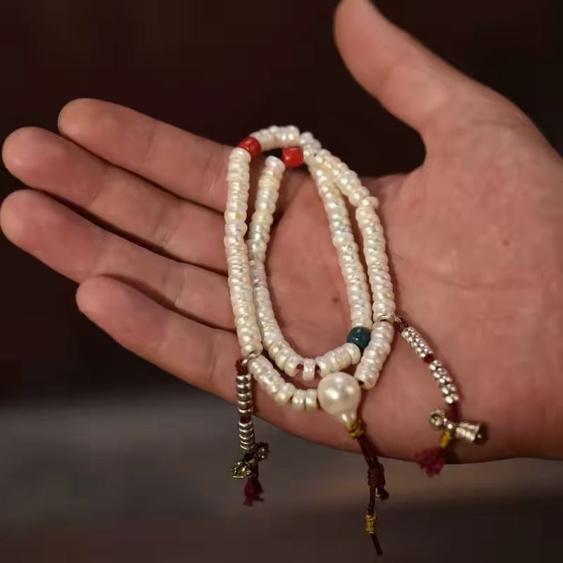 108 Freshwater Pearl Mala Bracelet – Tibetan Style Pearl Prayer Beads – Double Wrap Meditation Bracelet – Spiritual Jewelry for Women – Handheld Rosary