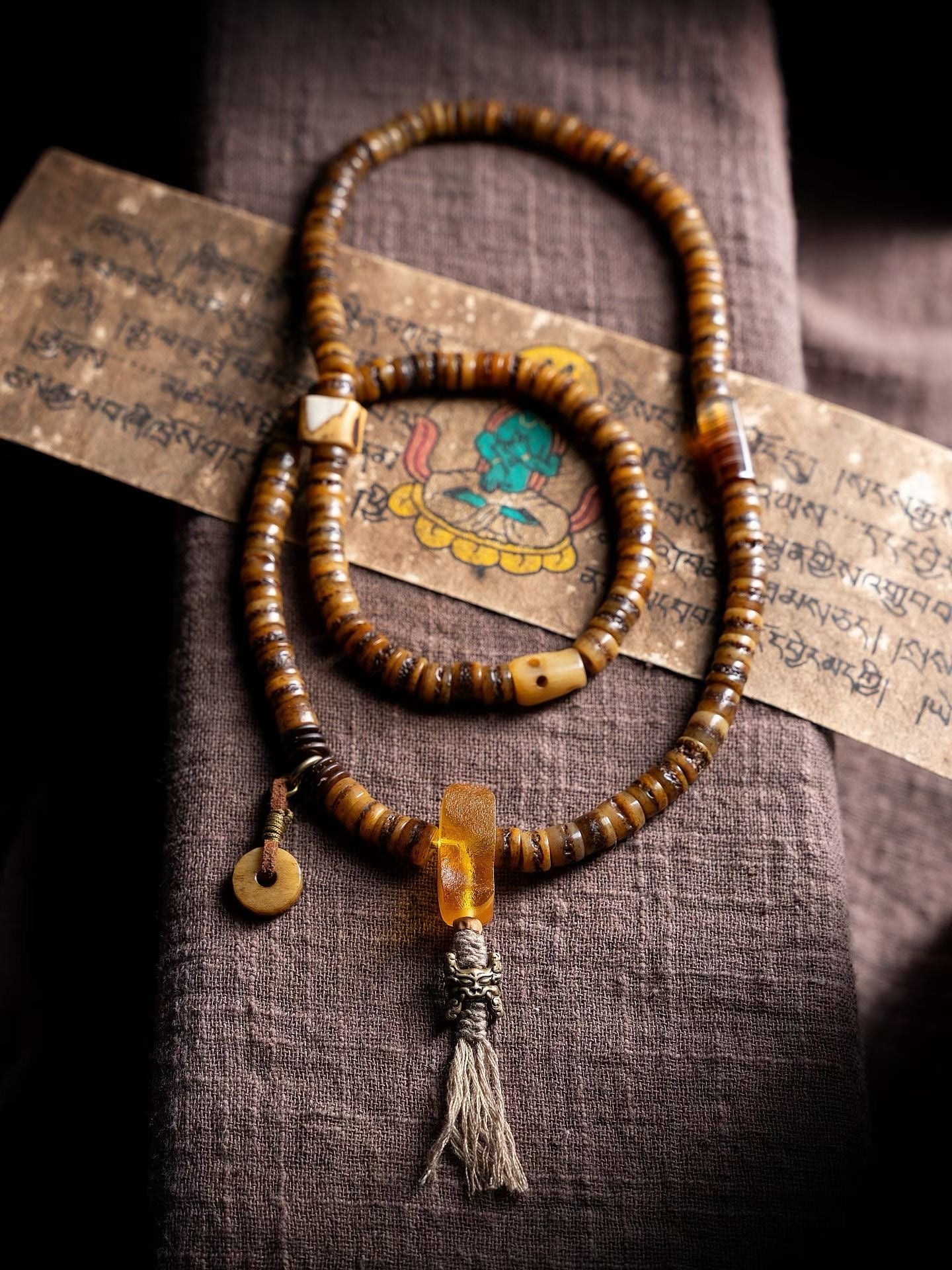 Everest Tibetan Style 108 Bead Mala Necklace, Deer Antler & Coconut Shell Prayer Beads, Meditation Mala, Himalayan Inspired Spiritual Jewelry