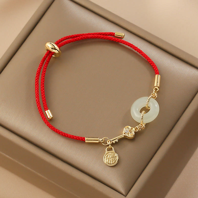 EverestArtstudios 18K Gold Plated Hetian Jade Peace Buckle Fu Character Luck Red Rope Bracelet