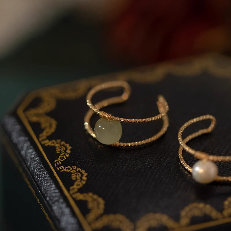EverestArtstudios Round Jade Pearl Bead Double Layer Copper Luck Adjustable Ring