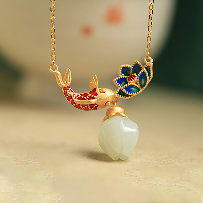 Buddha Stones White Jade Koi Fish Lotus Copper Protection Necklace Pendant