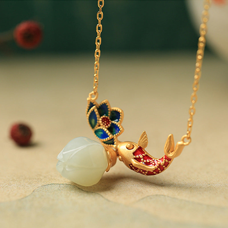 Buddha Stones White Jade Koi Fish Lotus Copper Protection Necklace Pendant
