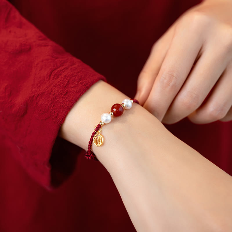 EverestArtstudios 925 Sterling Silver Good Fortune Fu Character Agate Pearl Red String Braid Bracelet
