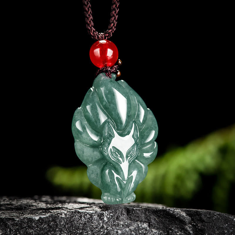 EverestArtstudios Natural Green Jade Nine Tailed Fox Luck Necklace Pendant
