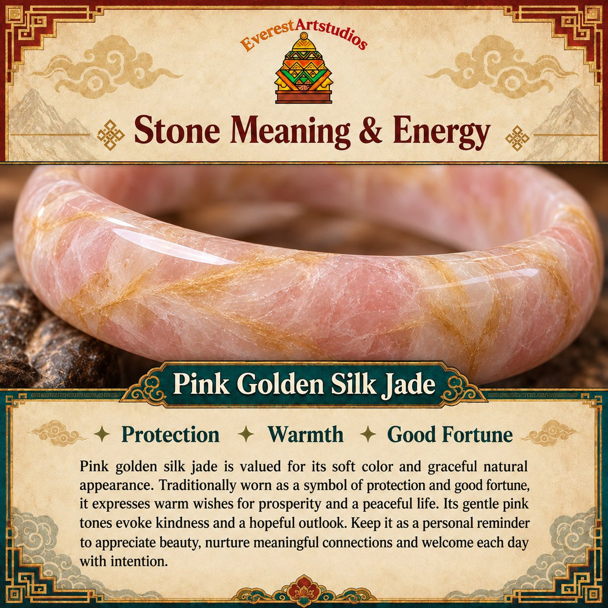 EverestArtstudios Pink Golden Silk Jade Meaning & Energy