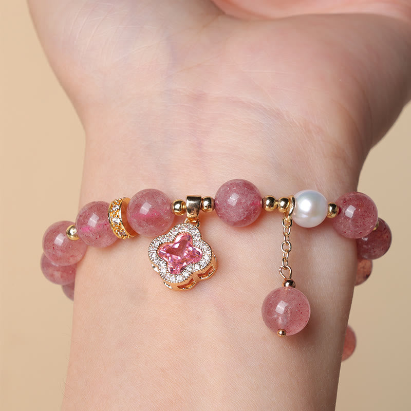 EverestArtstudios Strawberry Quartz Pearl Four Leaf Clover Charm Healing Bracelet