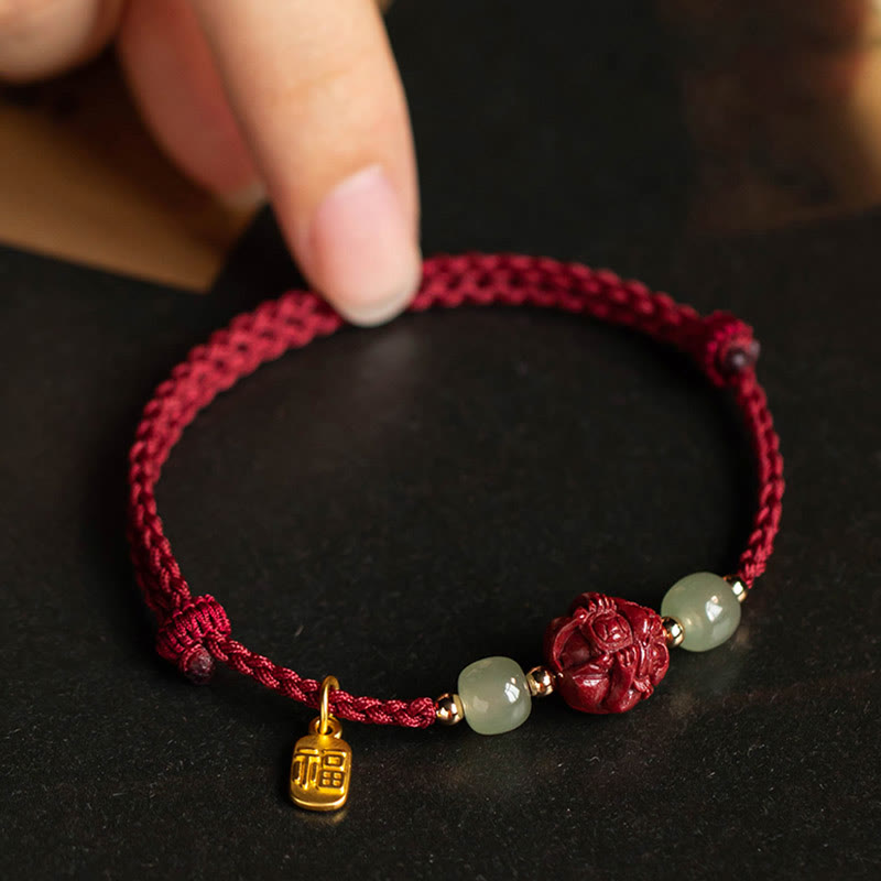 EverestArtstudios Natural Cinnabar Chinese Zodiac Hetian Jade Fu Character Luck Rope Bracelet