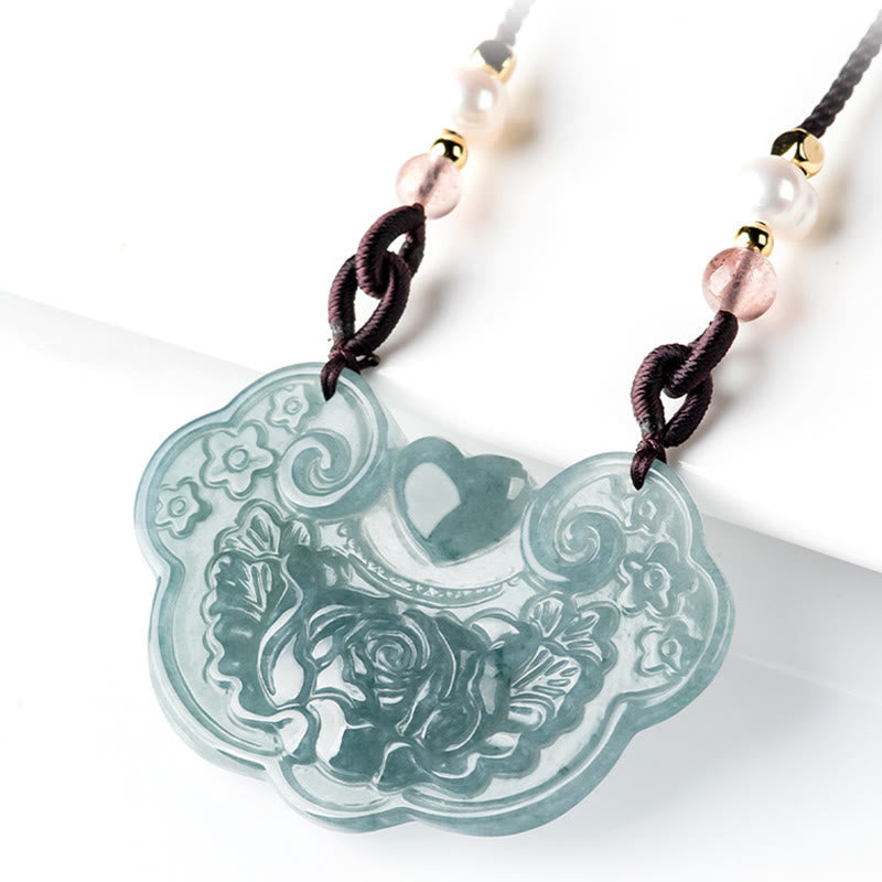 EverestArtstudios Natural Jade Peony Flower Lock of Good Wishes Prosperity Necklace Pendant