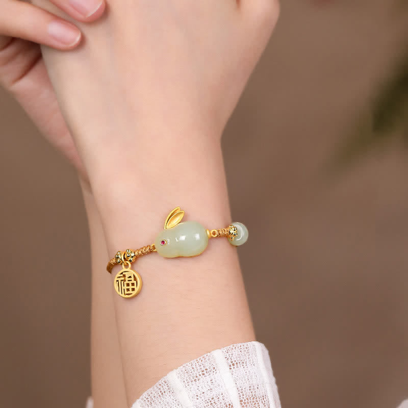EverestArtStudios Year of the Rabbit Hetian Jade Happiness Blessing Wealth String Bracelet