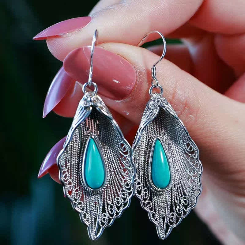 EverestArtStudios 925 Sterling Silver Turquoise Bodhi Leaf Pattern Protection Drop Dangle Earrings