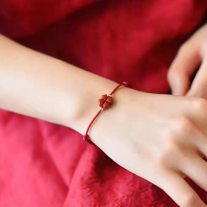 EverestArtStudios Natural Cinnabar Four Leaf Clover Blessing Red String Bracelet Anklet