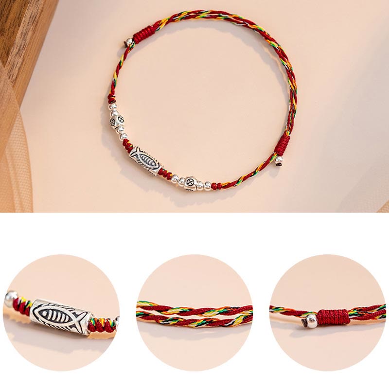 EverestArtstudios 925 Sterling Silver Luck Koi Fish Braided Colorful String Bracelet Anklet