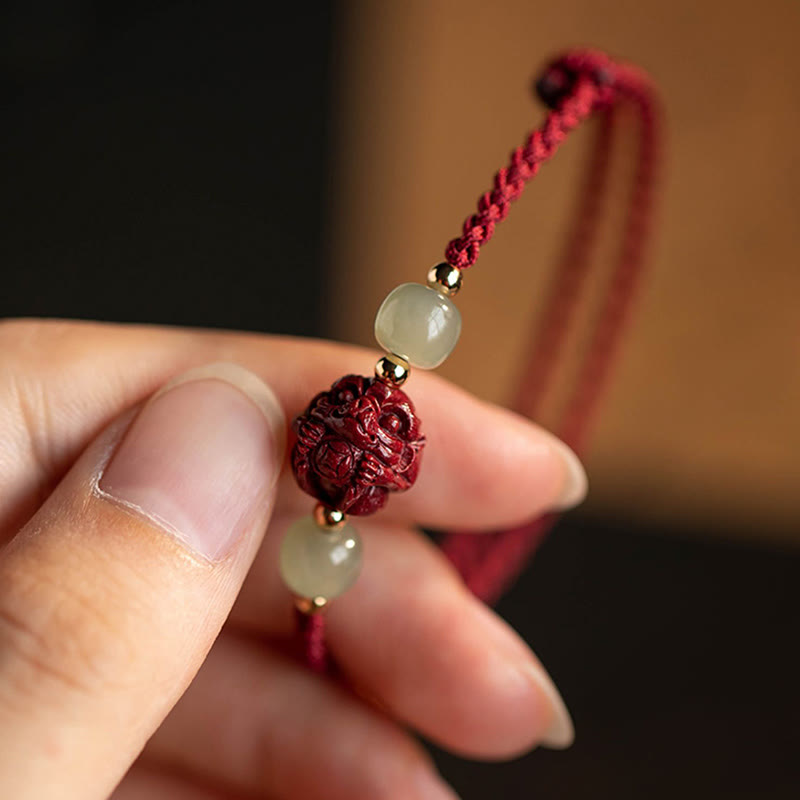 EverestArtstudios Natural Cinnabar Chinese Zodiac Hetian Jade Fu Character Luck Rope Bracelet