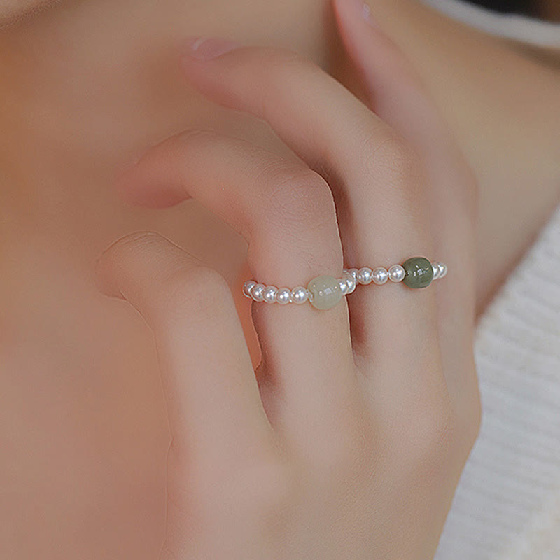 EverestArtstudios Round Jade Pearl Beads Luck Ring