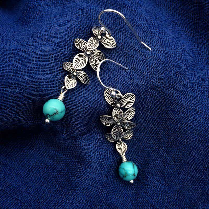 EverestArtStudios 925 Sterling Silver Turquoise Lazurite Lapis Lazuli Flower Leaf Serenity Protection Hook Drop Dangle Earrings