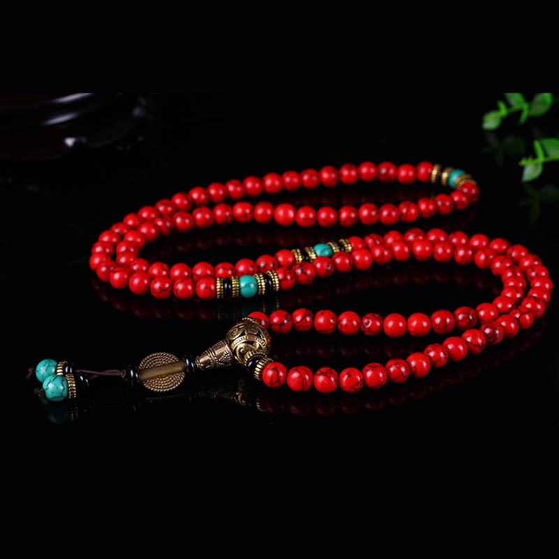 EverestArtStudios 108 Beads Tibetan Mala Red Turquoise Lucky Necklace Bracelet